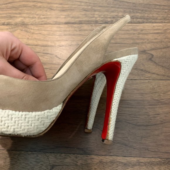 Christian Louboutin Biege Suede Open Toe Open Back Platform Stiletto Pumps - Picture 5 of 7